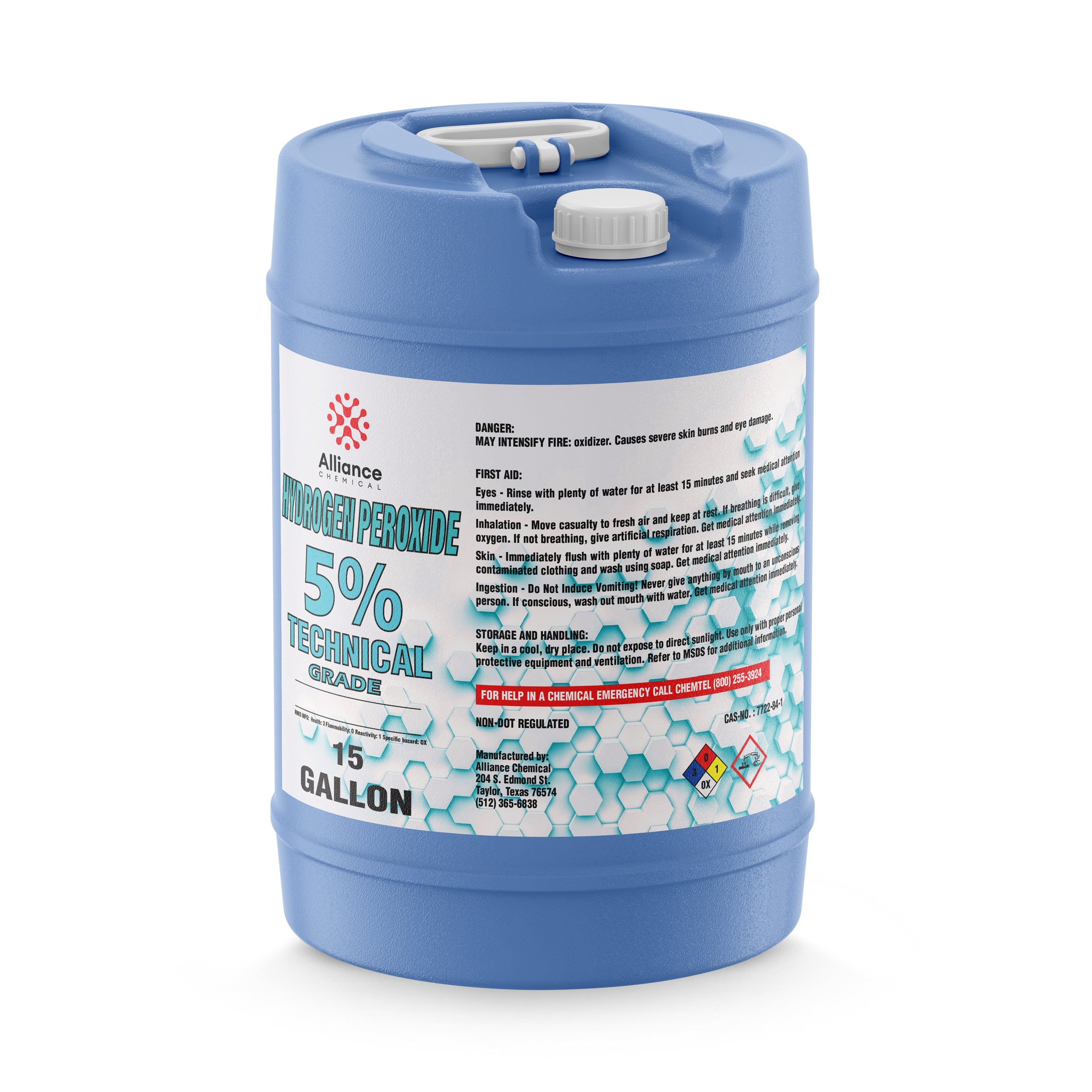15-gallon blue HDPE carboy of 5% Technical Grade Hydrogen Peroxide by Alliance Chemical, featuring safety warnings, NFPA diamond, and hexagonal design.